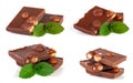 Chocolate with hazelnut and mint leaf on white background. Set or collection Royalty Free Stock Photo