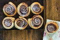 Chocolate hazelnut pinwheels dusted with icing sugar Royalty Free Stock Photo