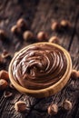 Chocolate hazelnut spread in wooden bowl - Close up Royalty Free Stock Photo