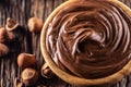 Chocolate hazelnut spread in wooden bowl - Close up Royalty Free Stock Photo