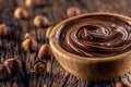 Chocolate hazelnut spread in wooden bowl - Close up Royalty Free Stock Photo