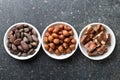 Chocolate, hazelnuts and cocoa beans Royalty Free Stock Photo