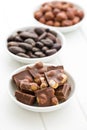 Chocolate, hazelnuts and cocoa beans Royalty Free Stock Photo