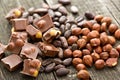 Chocolate, hazelnuts and cocoa beans Royalty Free Stock Photo