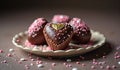 Chocolate heart cupcakes with pink sprinkles on decorative plate Royalty Free Stock Photo