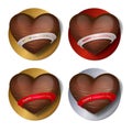 Chocolate heart with gold, silver and red decor, strips and ribbon with lettering Happy Valentines Day on stand. Candies and