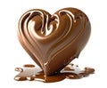 Chocolate heart over a pool of melted chocolate over white background. Generative AI illustration