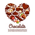 Chocolate heart vector poster template of candy desserts