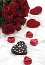 Chocolate Heart and Red Roses, Present for Valentine`s Day Royalty Free Stock Photo