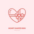 Chocolate in heart shaped box illustration. Sweets flat line icon, candy shop logo. Valentines day present sign