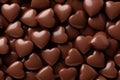 Chocolate heart shaped candy texture. Sweet chocolate hearts background. Generative AI