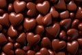 Chocolate heart shaped candy texture. Sweet chocolate hearts background. Generative AI