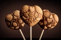 Chocolate heart-shaped lollipops on a dark background. Generative AI