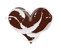 Chocolate heart with splashes of milk, isolated on white