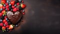 A chocolate heart surrounded by berries and other fruits on a black background, AI