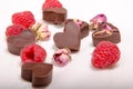 Chocolate hearts, roses and rasberries Royalty Free Stock Photo