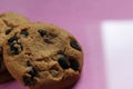 Chocolate homemade holiday cookies with chocolate drops lying on the side right close up on a pink fuchsia background side view of Royalty Free Stock Photo