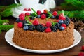 Chocolate honey cake with cream and fresh berries on top on a white plate on a wooden background. Cake for Christmas and New Year Royalty Free Stock Photo