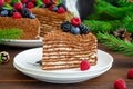 Chocolate honey cake with cream and fresh berries on top on a white plate on a wooden background. Cake for Christmas and New Year Royalty Free Stock Photo