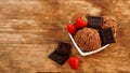 Chocolate ice cream in a bowl. Dessert decorated with chocolate and strawberries Royalty Free Stock Photo