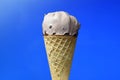 Chocolate ice cream cone on blue background