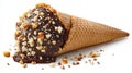 A chocolate ice cream cone with nuts rests enticingly on a flat surface, ideal for a warm day Royalty Free Stock Photo