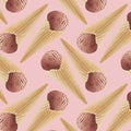 Chocolate ice cream in crisp waffle cones as seamless decorative pattern on pink background, summer food.