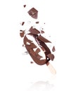 Chocolate ice cream crushed in the air, isolated on a white background