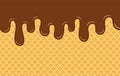 Chocolate ice cream flows down the yellow crispy waffle. Delicious dessert background. Flat vector illustration