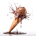 Chocolate ice cream with liquid chocolate splashing. Generative A.I