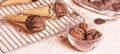 Chocolate ice cream on a metal rack with scoop from stainless stee, banner Royalty Free Stock Photo