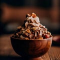 Chocolate ice cream with nuts and caramel in a wooden bowl, delicious summer dessert, generative ai