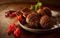 Chocolate Ice Cream with Red Currants in Dish Royalty Free Stock Photo