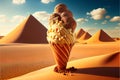Chocolate ice cream in the Sahara desert. 3D render. Royalty Free Stock Photo