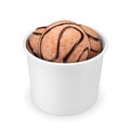 Chocolate ice cream scoops with syrup topping in blank paper cup isolated on white. 3D rendering Royalty Free Stock Photo