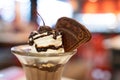 Chocolate ice cream served in a glass ceramic bowl