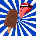 Chocolate ice cream and female tongue.