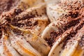 Chocolate ice cream with slices of biscuit. Close-up. Delicious chocolate dessert