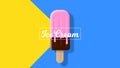 Chocolate ice cream stick with melted strawberry topping on blue yellow background