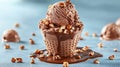 Chocolate ice cream in waffle cone with nuts on blue background Royalty Free Stock Photo