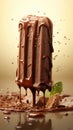 Chocolate ice lolly amidst a dynamic splash of melted chocolate, on a light blurred background. Close up. Vertical