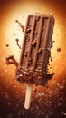 Chocolate ice lolly amidst a dynamic splash of melted chocolate, on a light blurred background. Close up. Vertical