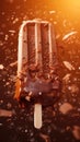 Chocolate ice lolly amidst a dynamic splash of melted chocolate, on a light blurred background. Close up. Vertical