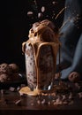 Chocolate icecream served in glass with splashing melted chocolate. Ai Generative