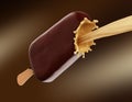 Chocolate icecream with wooden stick and milk splash