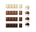 Chocolate icon set. Realistic chocolate bars, pieces and candies various types: dark, milk and white Royalty Free Stock Photo