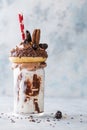 Chocolate indulgent frosting exreme milkshake with donut and sweets. Crazy freakshake food trend. Copy space