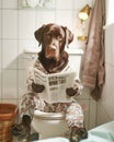 Chocolate Labrador dog wearing pajamas\'s sitting on a toilet, reading newspaper and looking directly at the camera Royalty Free Stock Photo