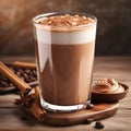 chocolate latte in glass with cinnamon and coffee beans on rustic wooden table stock fot Royalty Free Stock Photo