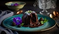 Chocolate lava cake. Dessert with topping and sprinkles served on a plate. Exclusive cake in a dark composition. Advertising.
